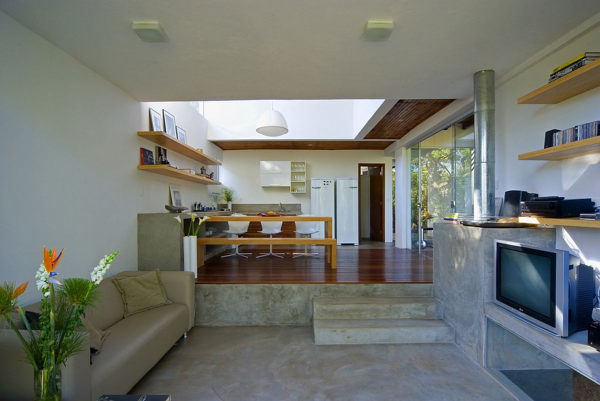 Beautiful multi-level interior of the house with kitchen and dining