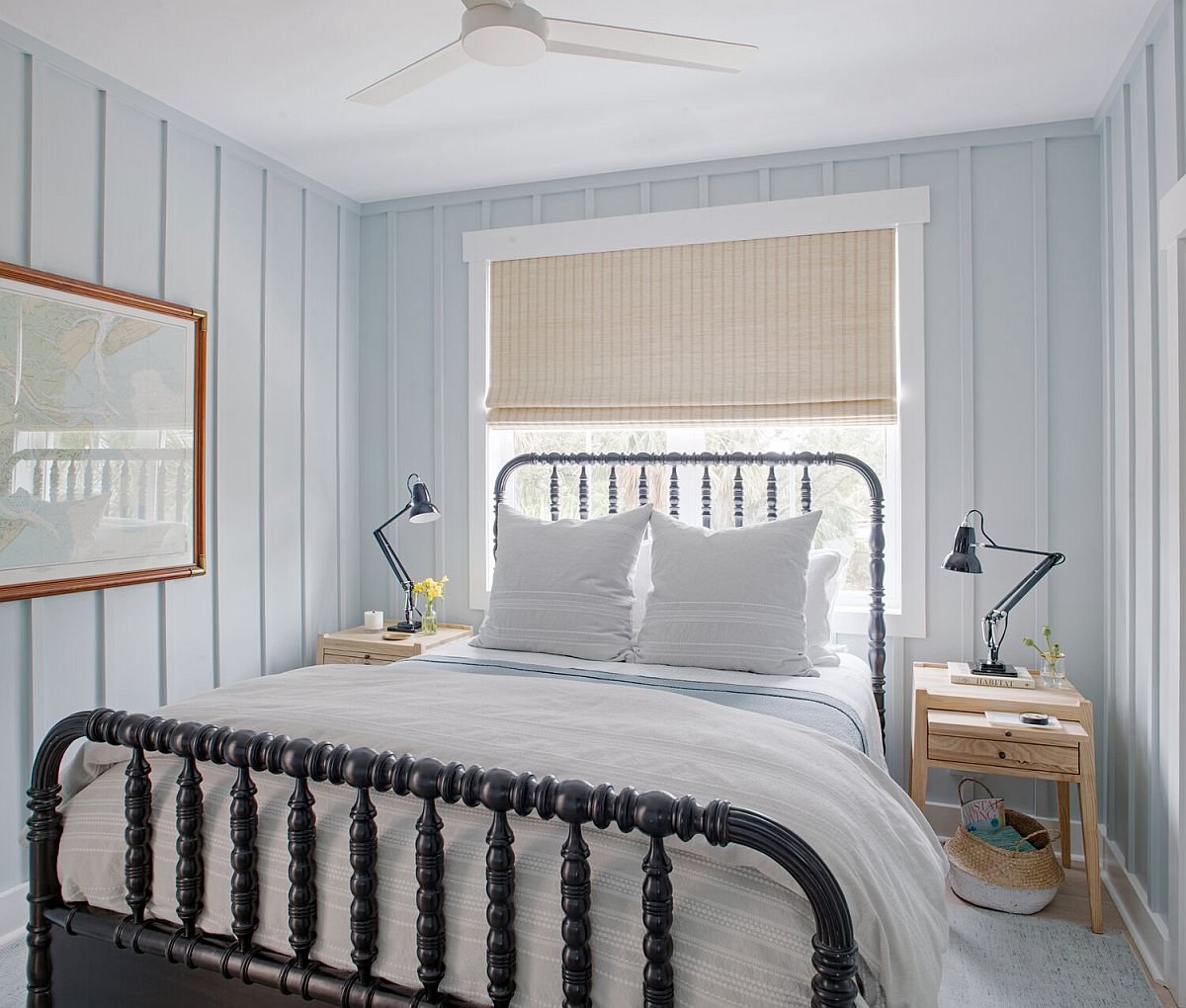 Blue, white and bohemian touches create a relaxing beach house bedroom