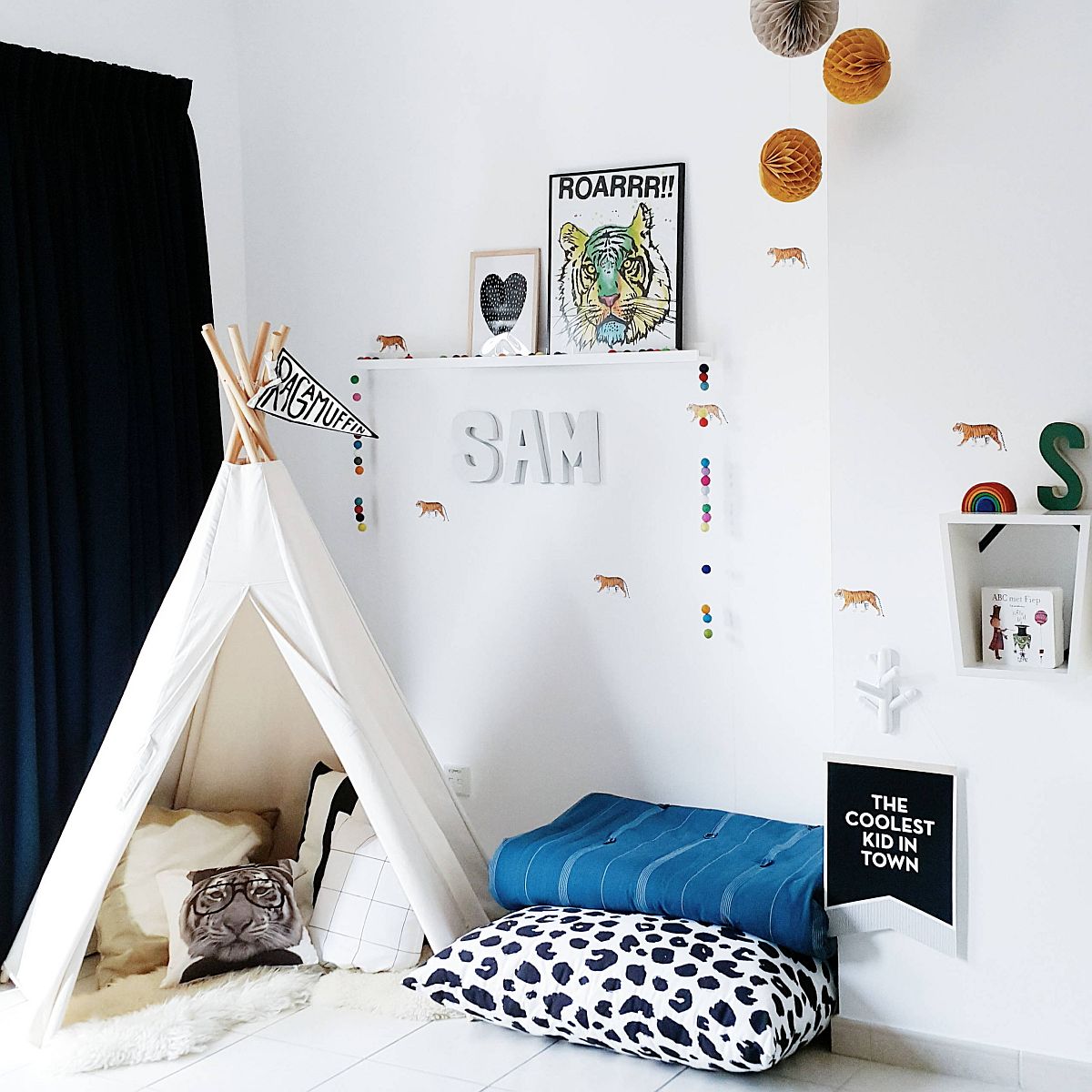 Boys' playroom in white with teepee and floor cushions is super-easy to create