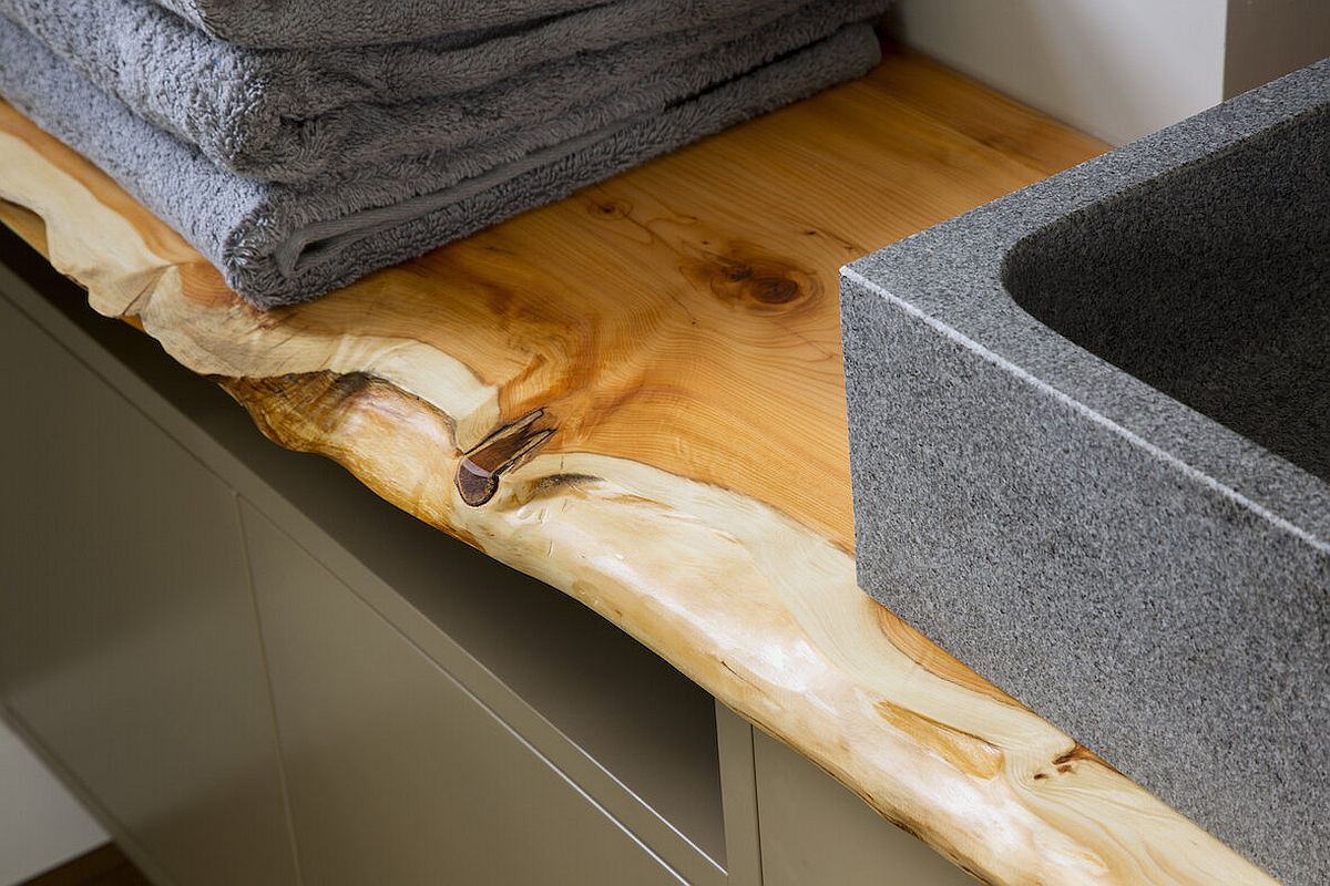 Closer look at the ewe wood countertops inside the master bathroom
