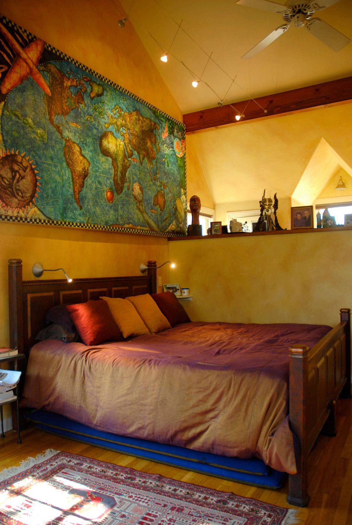 Cozy and colorful bedroom with Mediterranean style and textured walls in yellow