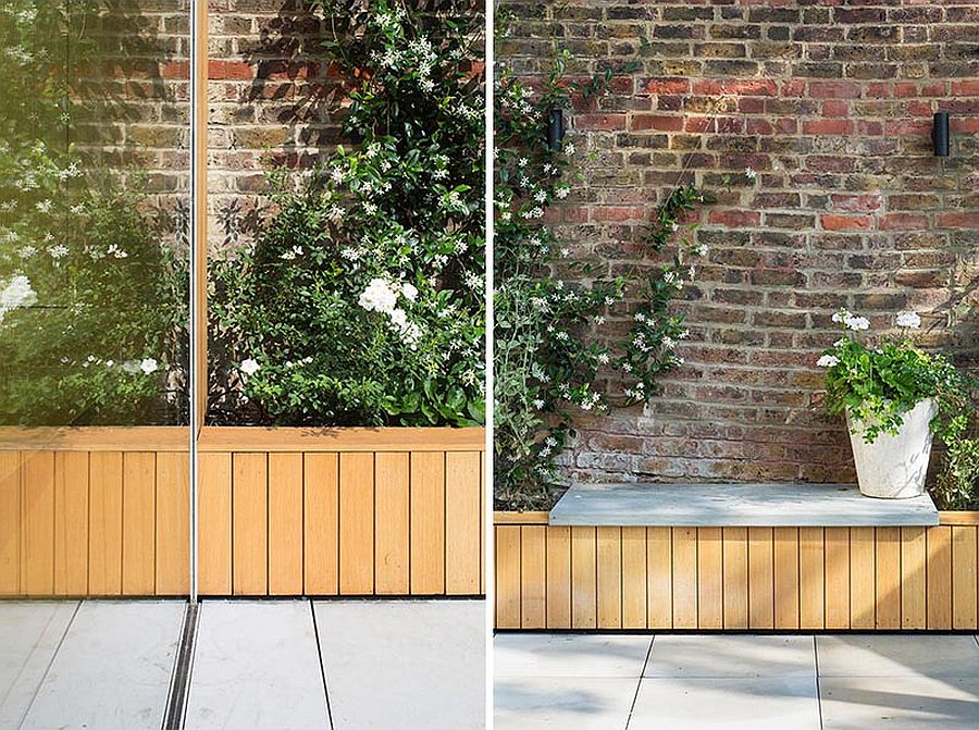 Custom oak planters create connectivity between the garden and the interior