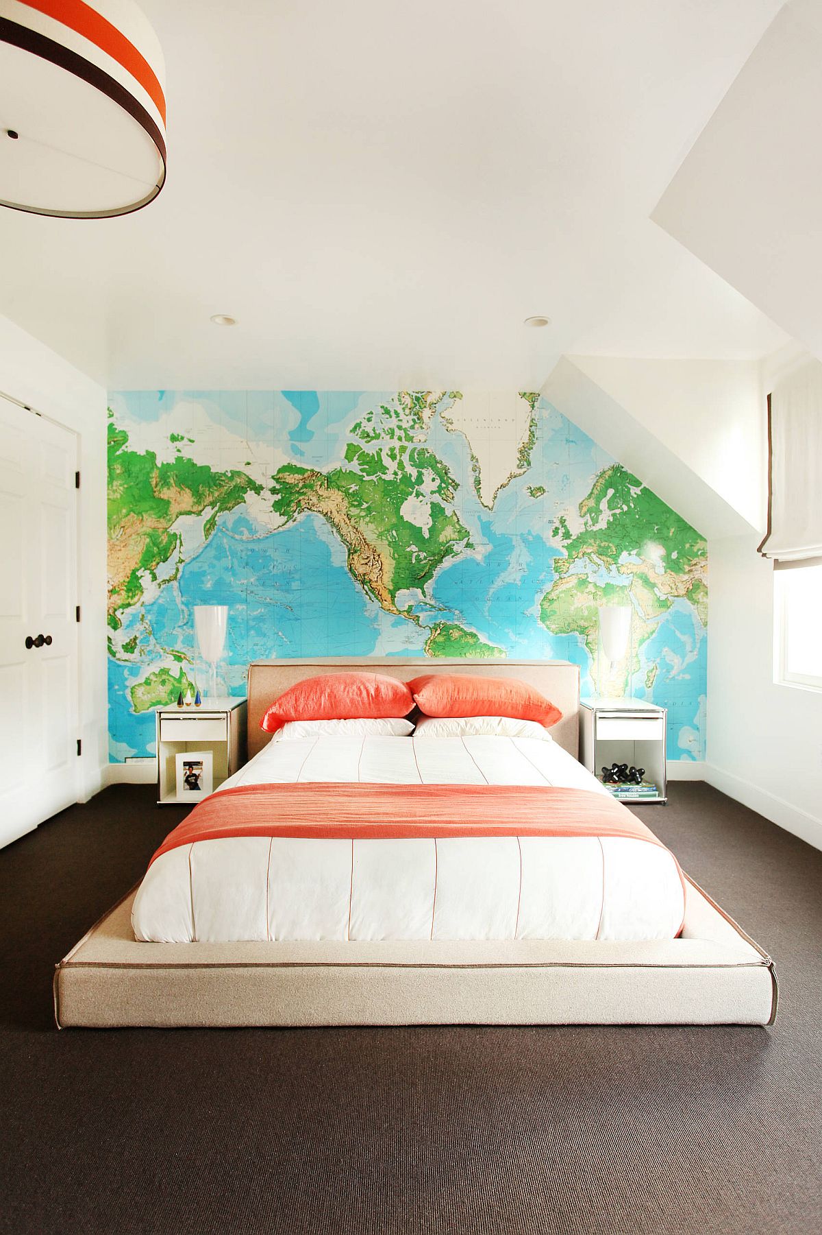 Give the modern bedroom a fabulous headboard wall with a map-filled setting