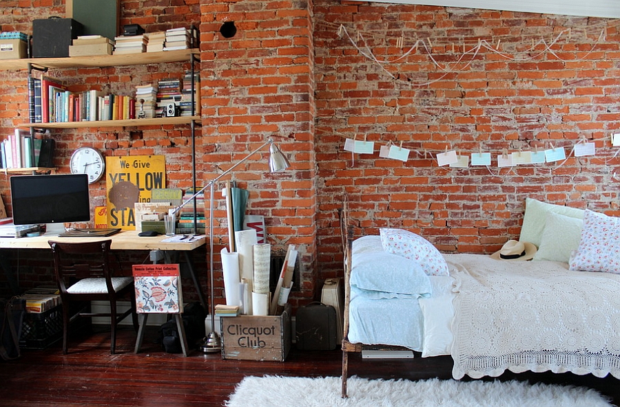 Industrial style shelf and table offer ample workspace and also storage area