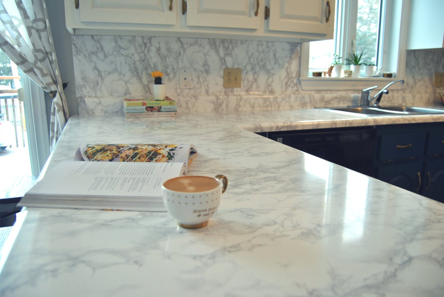 Kitchen makeover with marble contact paper