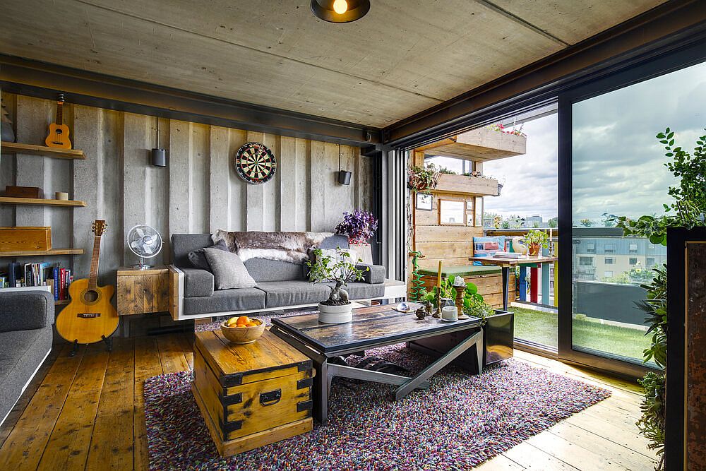 Living room of the South London home with rustic and industrial elements