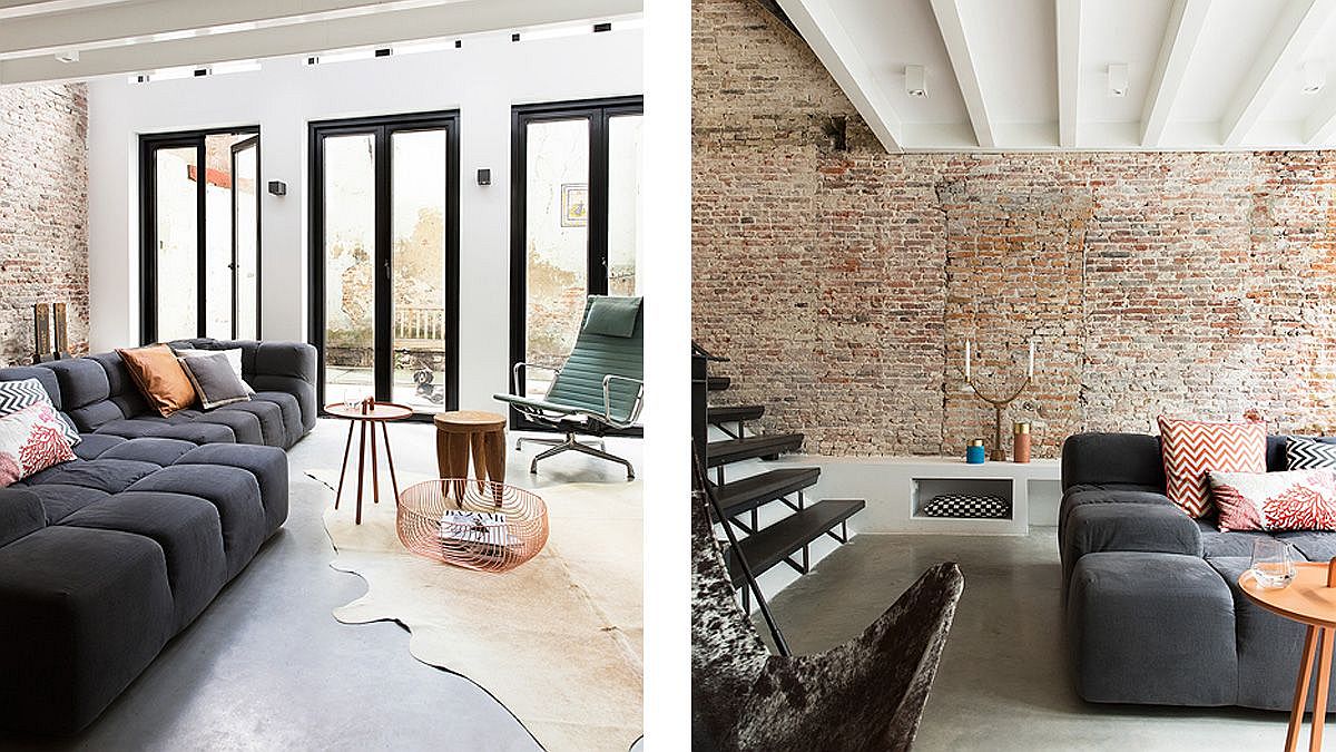 Lovely brick walls are combined with concrete floor in the living area