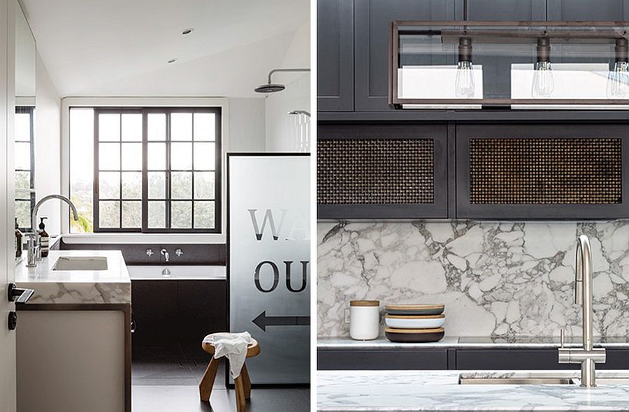 Modern black and white kitchen with marble finishes inside the home