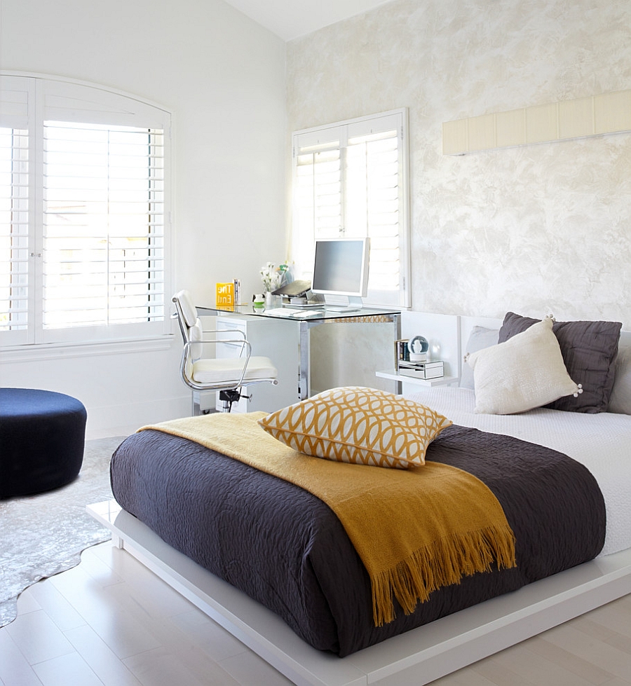 Modern industrial bedroom with corner workspace that feels light and easy on the eyes