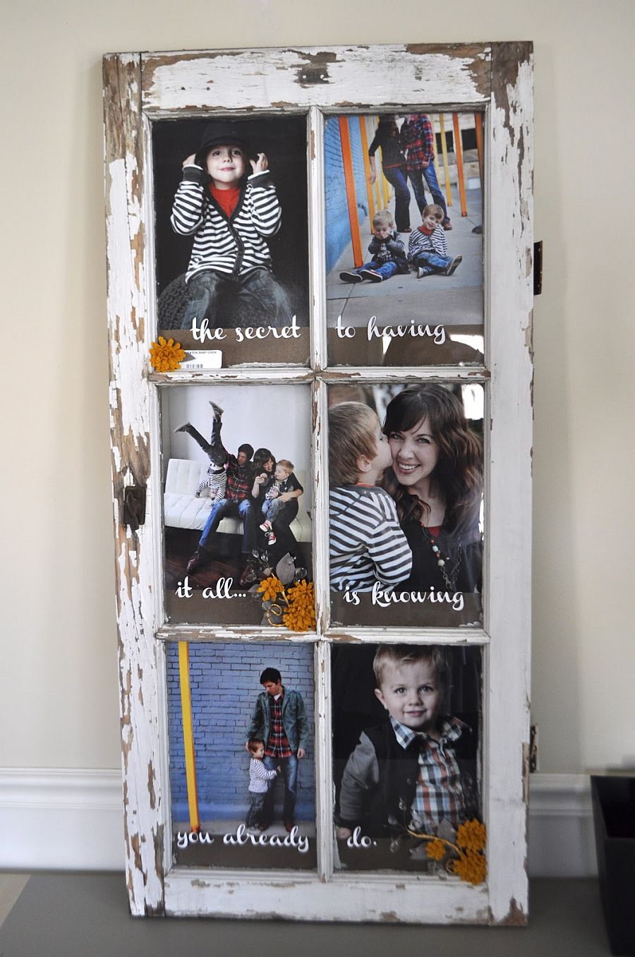 Old window turned into custom photo frame that has plenty of space for several photographs