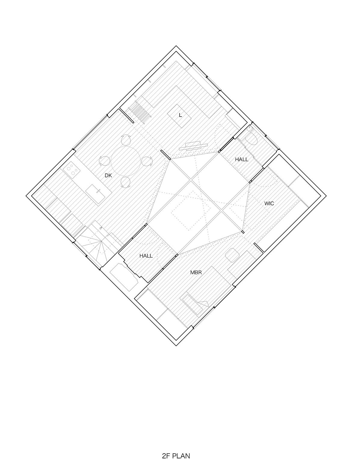 Second level floor plan with dining, master bedroom and other rooms