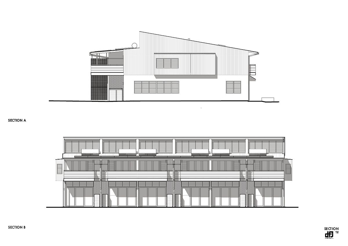 Sectional view and design plan of the Live work units in Byron Bay