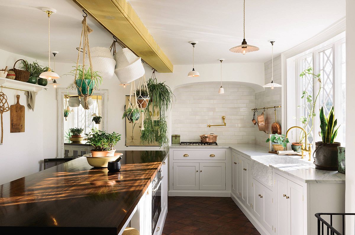 Series of indoor plants and succulents give this modern Scandinavian kitchen a green vibe