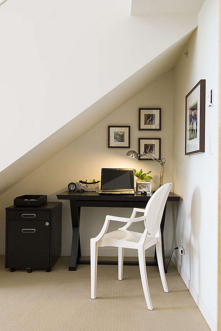 Space under the staircase is the perfect little nook for a temporary workstation that is also private