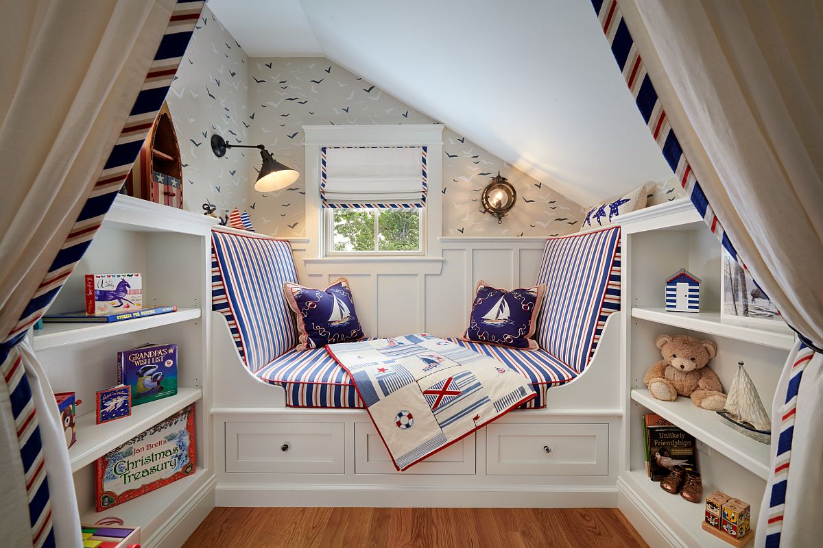 Spacious nook in the hallway turned into a cozy play area with custom seat, shelves and drapes