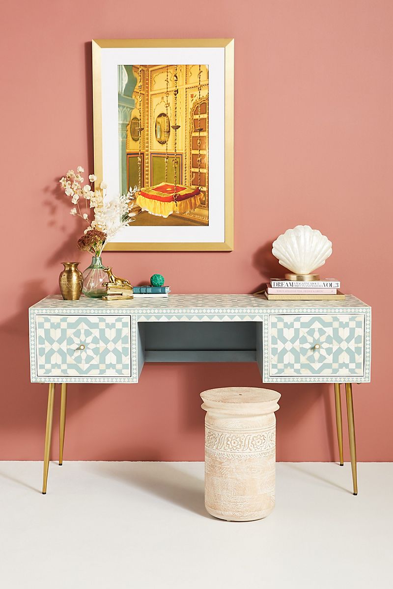 Tiled inlay desk in blue and white