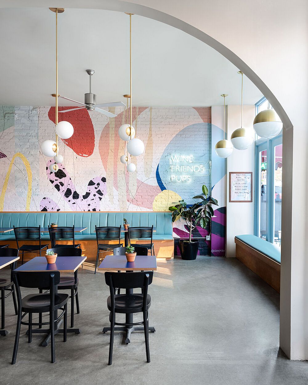 Unique and colorful interior of Boris & Horton in New York City with a pet-friendly design