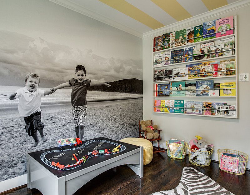 Wall-mounted shelves and cabinets save plenty of space in the small kids' playroom