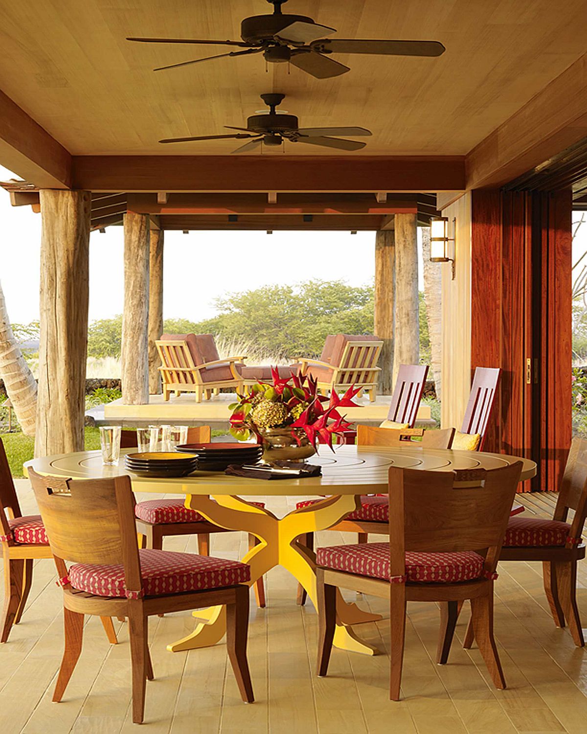 Wood turns the porch into a tranquil retreat that is cozy and welcoming