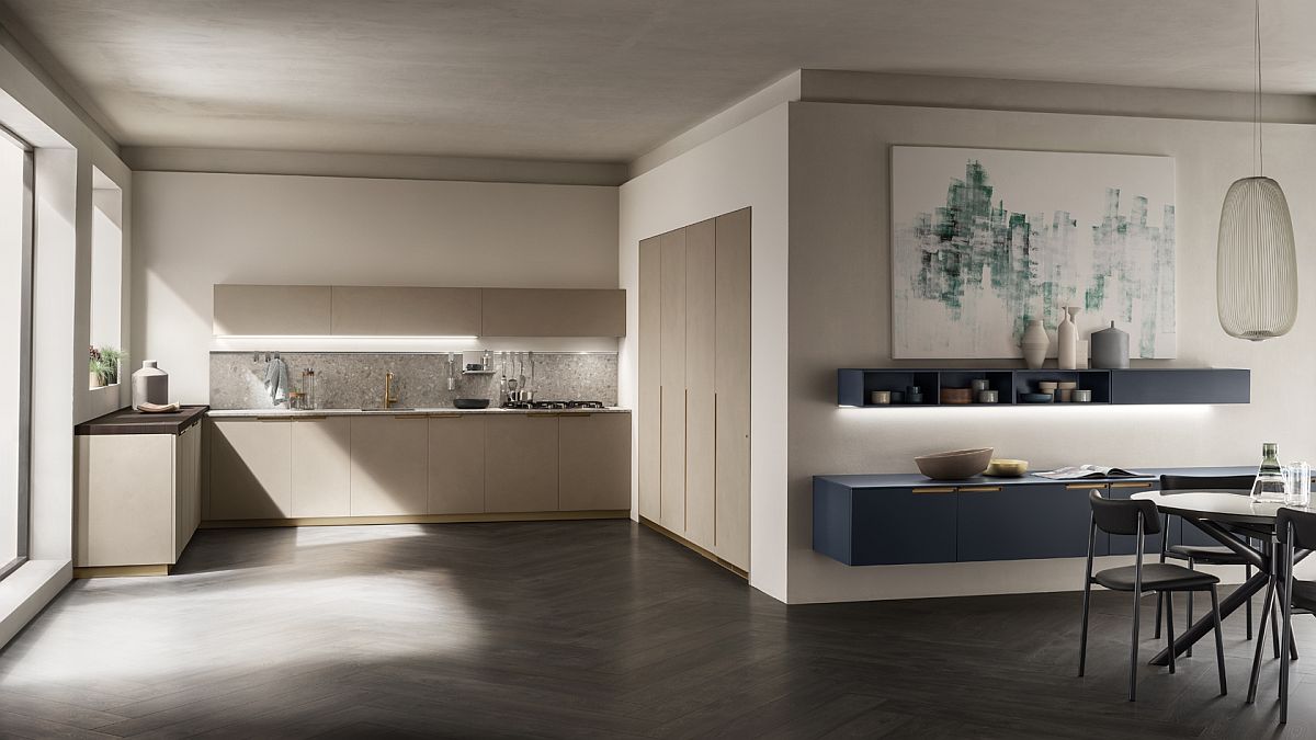 Beautiful and sleek modular shelves and cabinets can visually link kitchen with the dining room