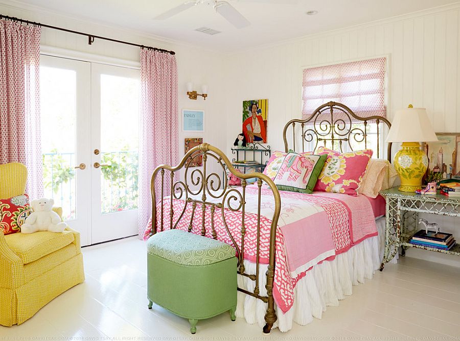 Bedding, decor and accessories add color to this small and welcoming shabby chic bedroom