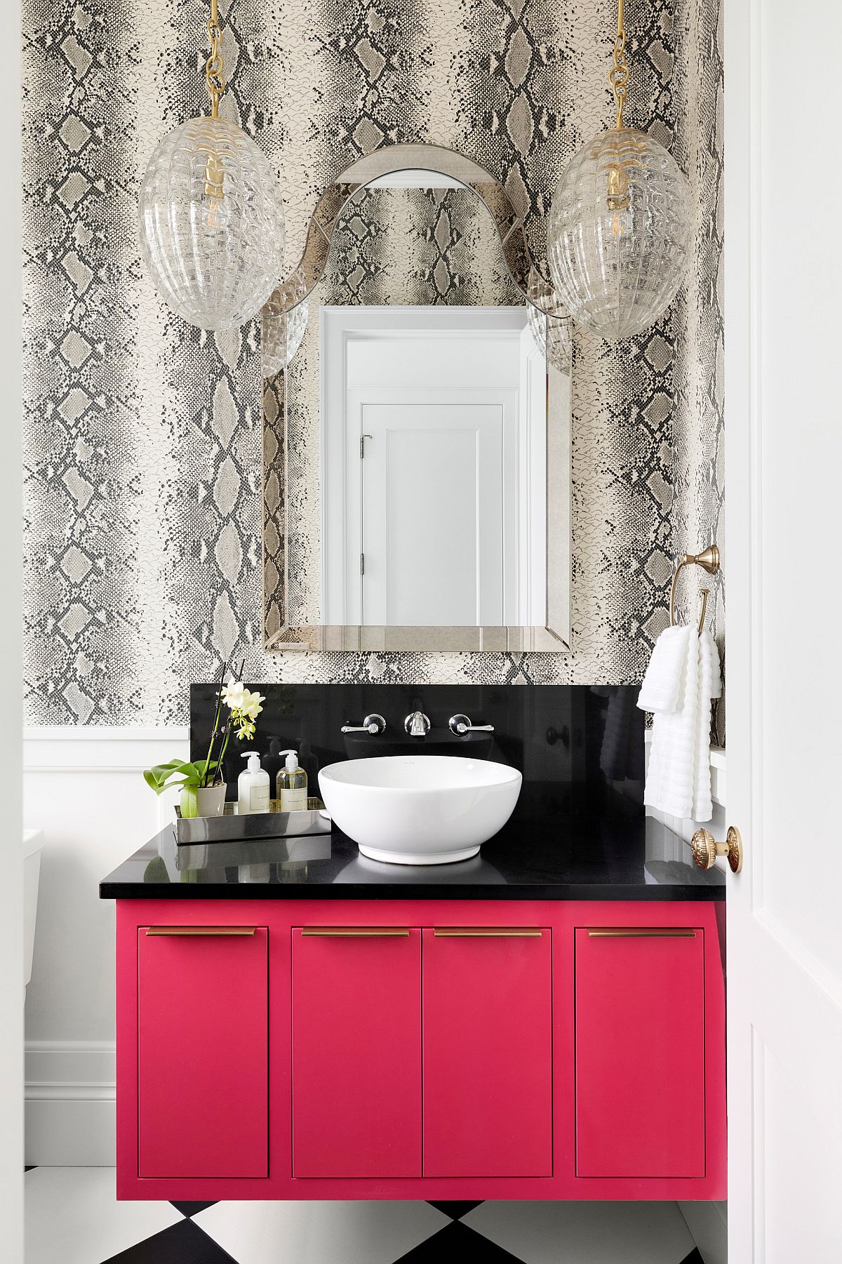 Black and pink vanity steals the show in this bathroom