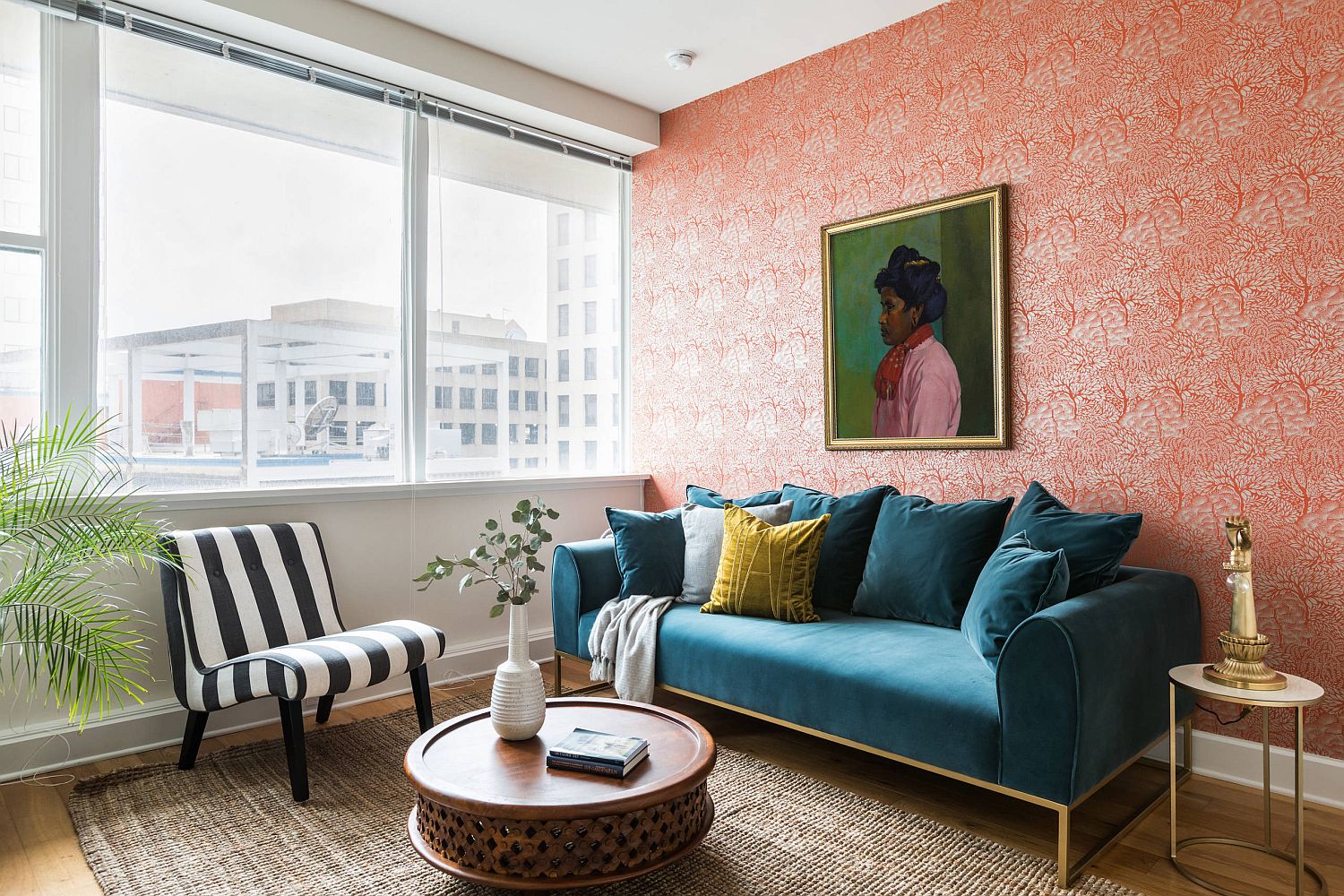 Black and white striped chair for the modern eclectic living room that is full of bright colors