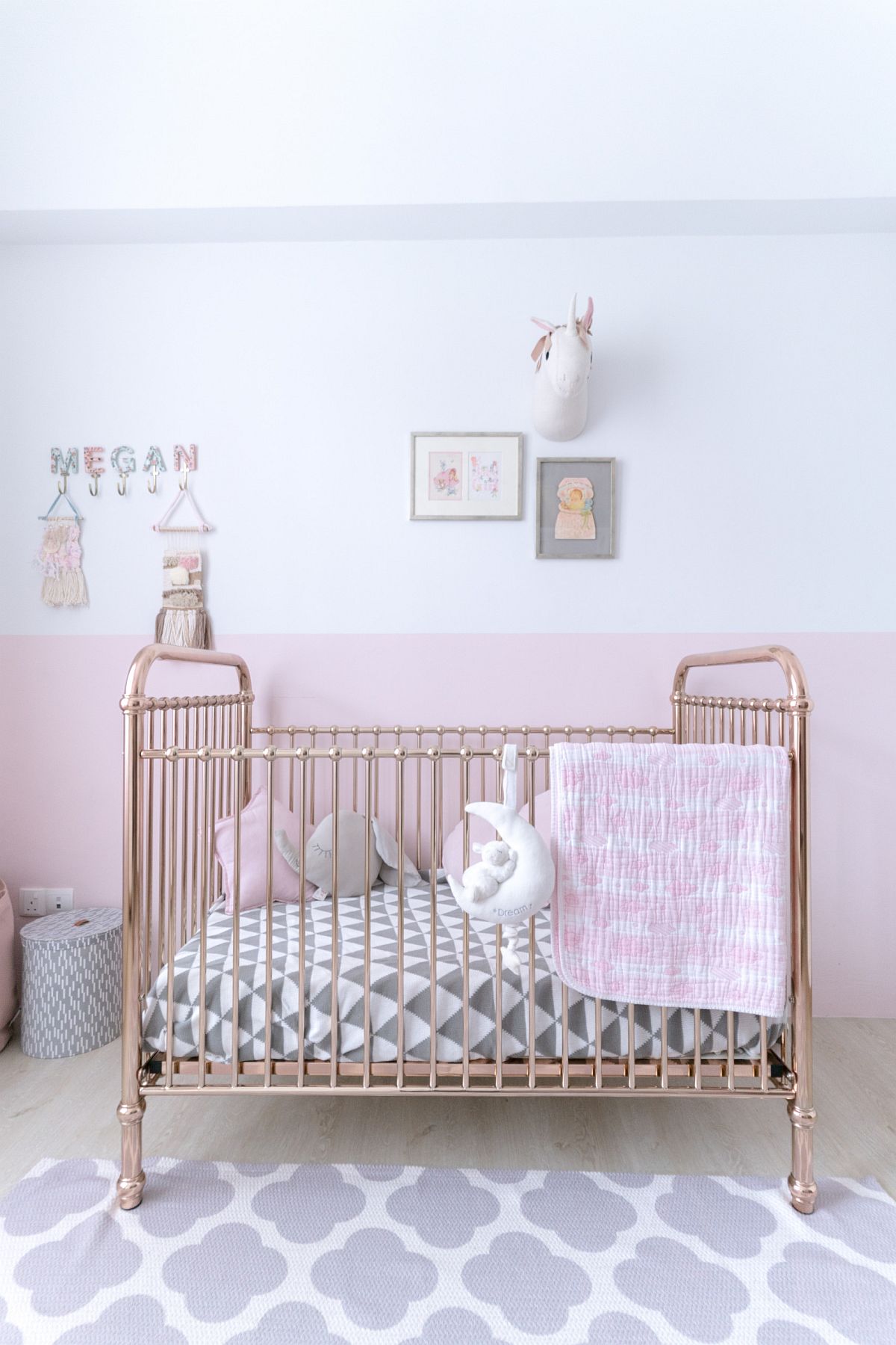 Contemporary-girls-bedroom-in-white-and-pink-with-a-unique-crib-that-has-metallic-finish-36168