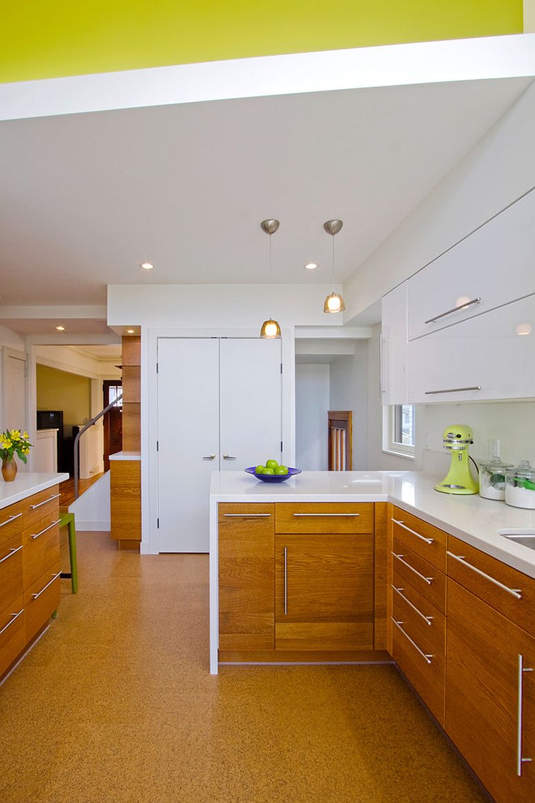 Cork floor in the kitchen complements the wooden shelves beautifully