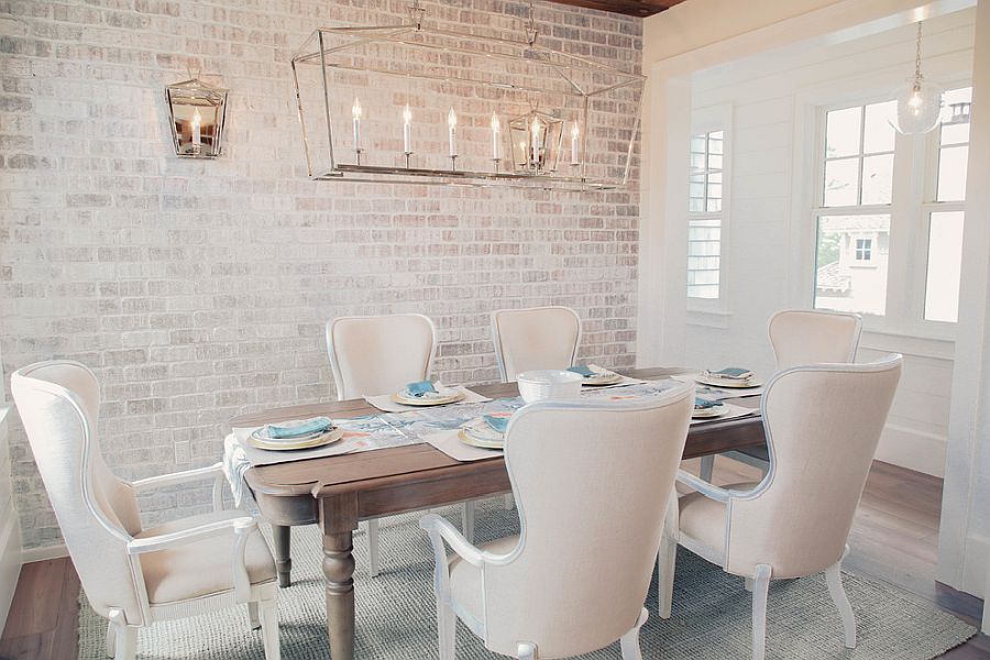 white brick wall dining room