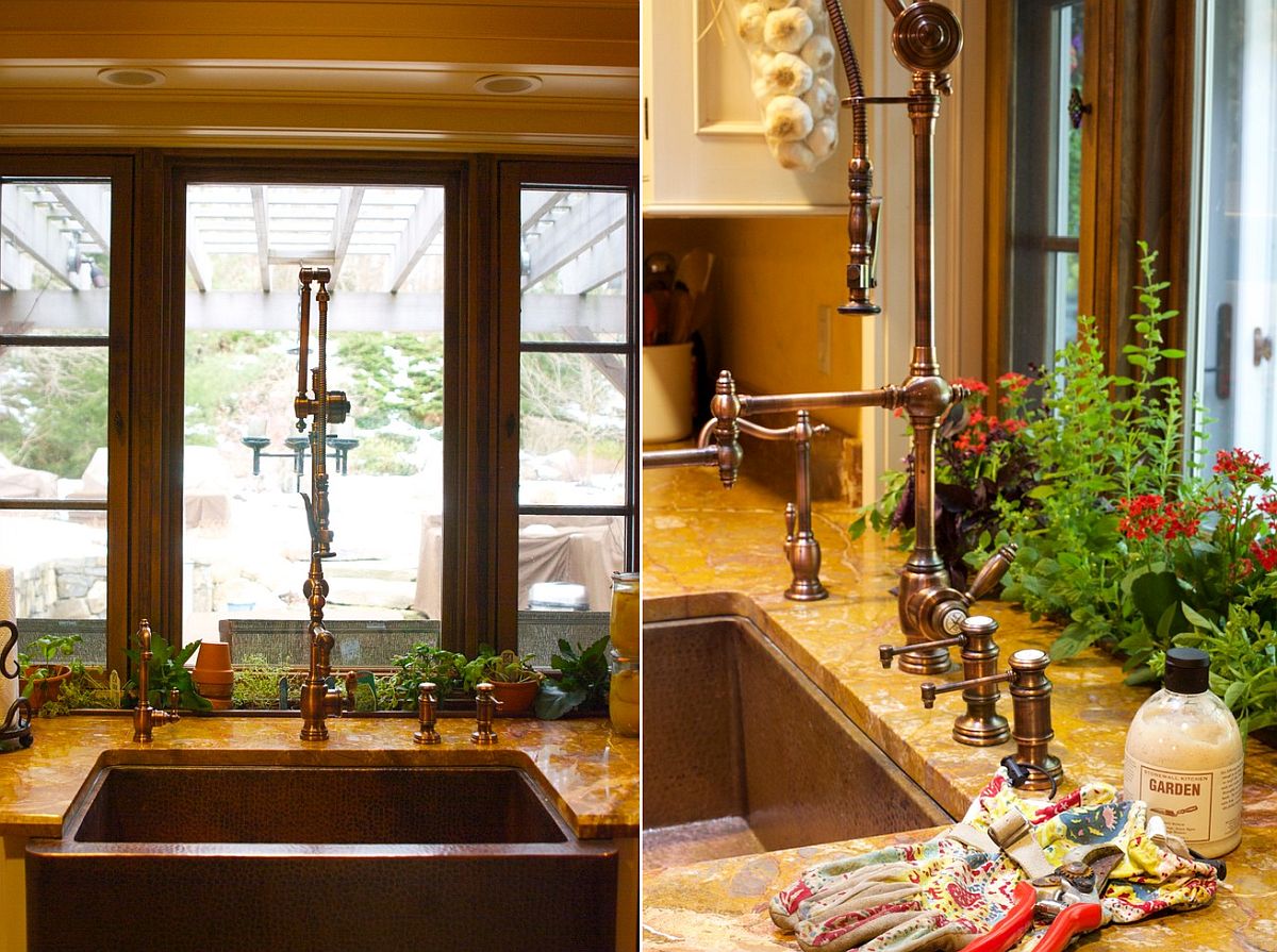 Custom herb bin in the Mediterranean kitchen that drains directly into the sink