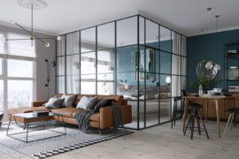 Tiny 45 Sqm Apartment in Kiev with Glass-Walled Bedroom and Dark Brick Walls