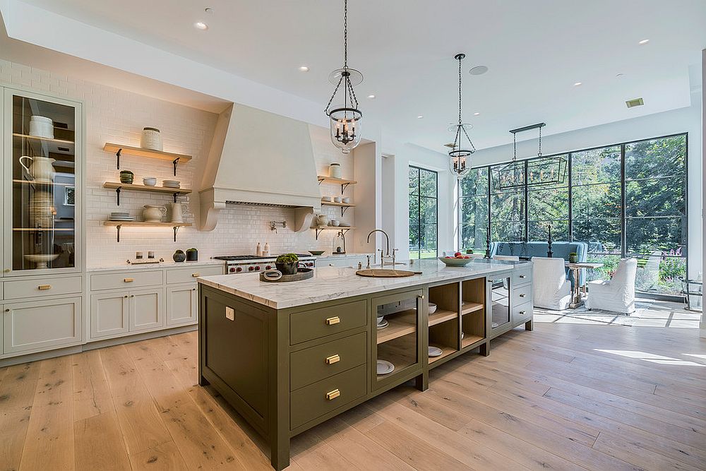 kitchen interior with olive green wall