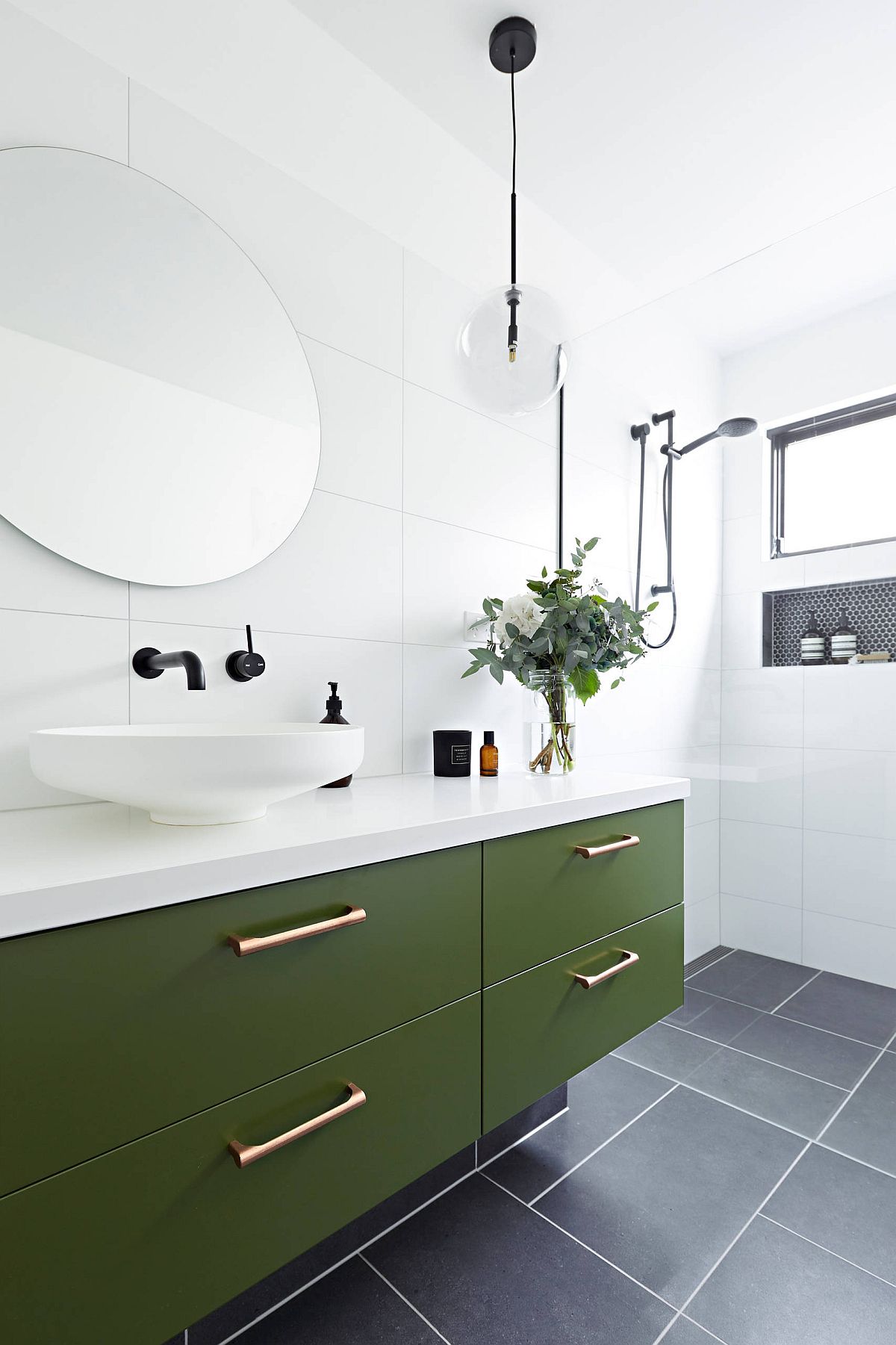 Dashing dark olive green vanity for the bathroom in white