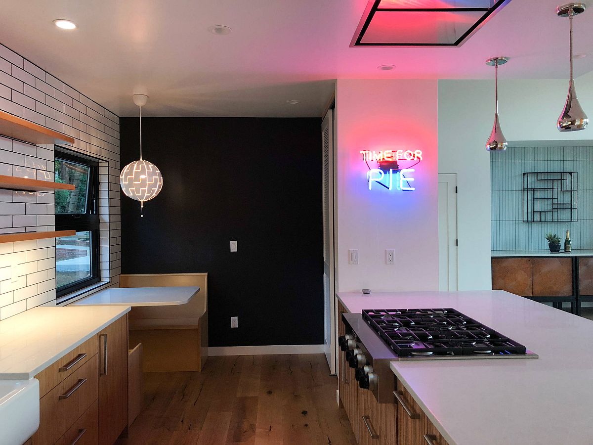 Dashing neon sign in the kitchen spells out 'time for pie'