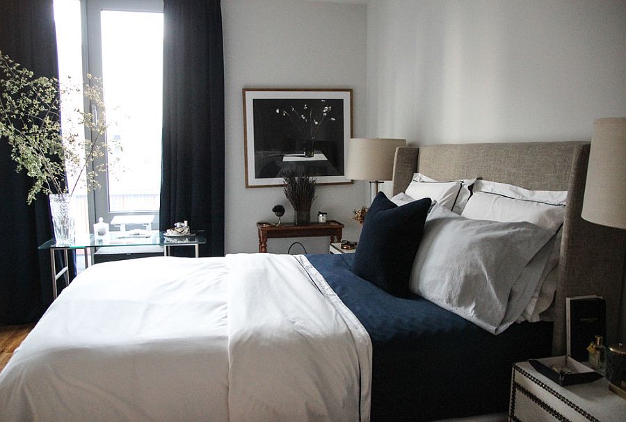 Dashing small contemporary bedroom in navy blue and white