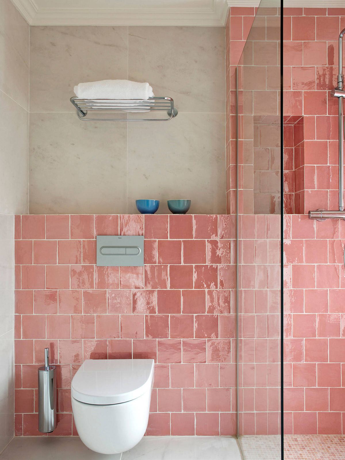 Eclectic bathroom with pink tile for the shower area