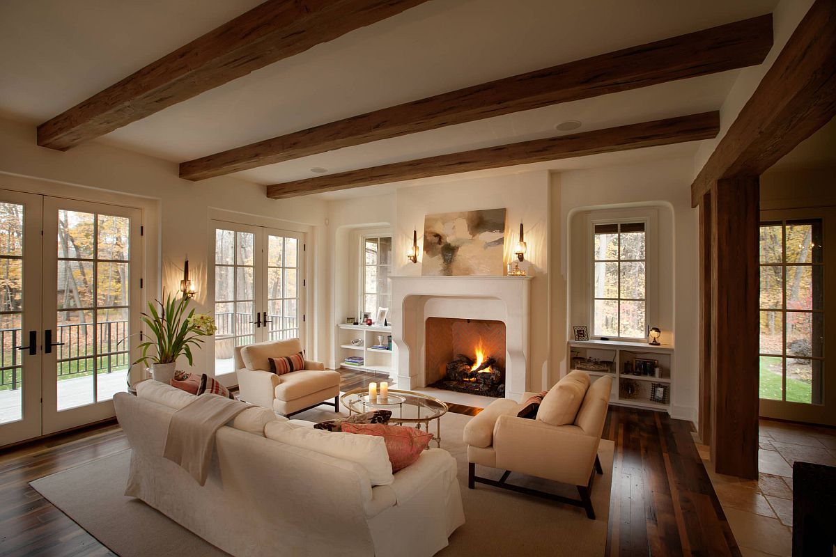 Elegant and cozy living room in white and wood is a charmer