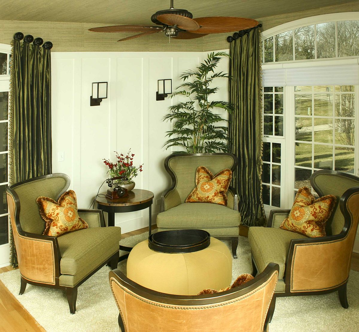 Ceiling, drapes, and chairs in olive green 