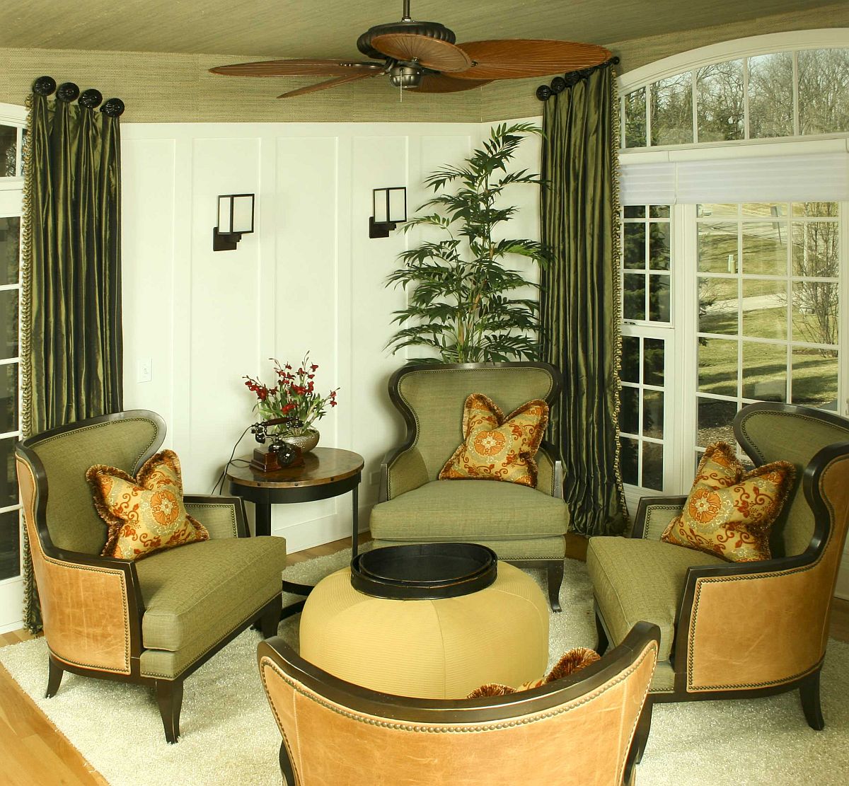 olive green chairs and drapes in sitting room