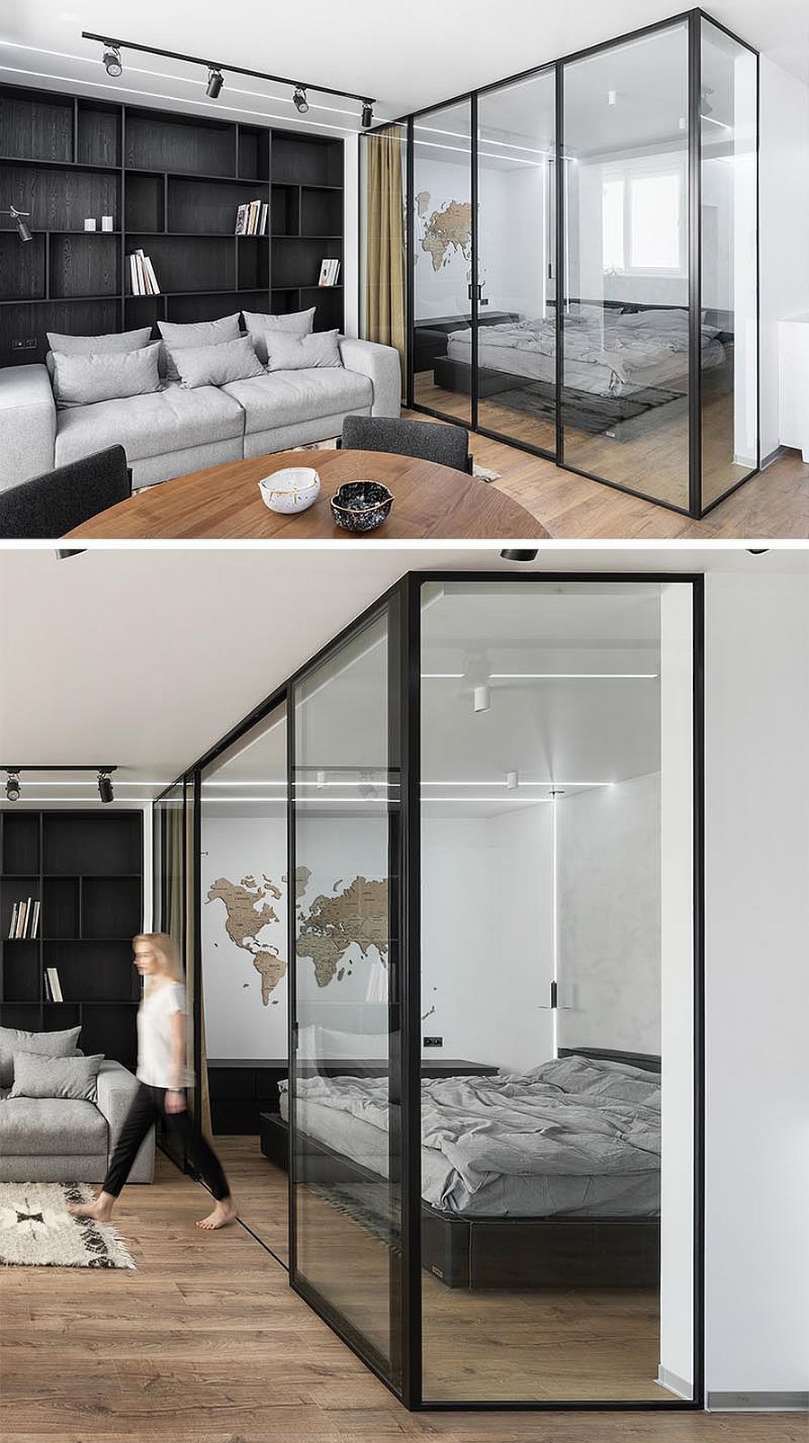 Glass walls with black metallic frame are the trendiest choice in contemporary apartments