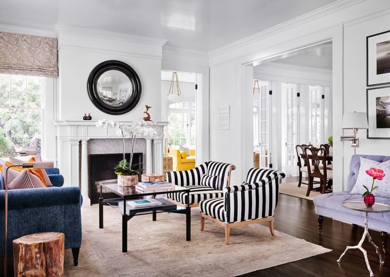 Gorgeous Black And White Striped Accent Chairs Make A Big Splash In This Traditional Living Room Of Home In Austin 19553 768x546 