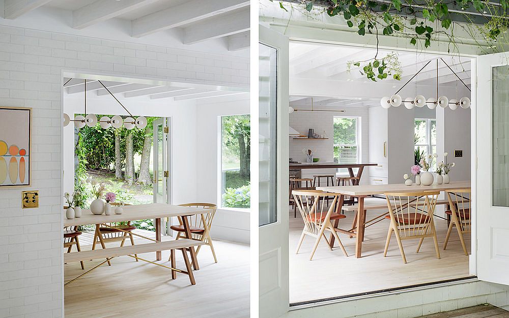 Gorgeous dining area in wood and white has an indoor-outdoor appeal about it