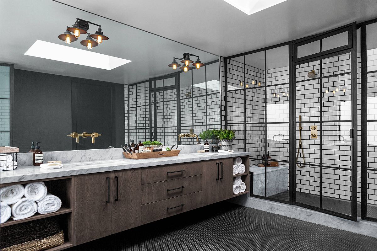 Industrial style bathroom in black and white with a large wooden vanity and floating shelves