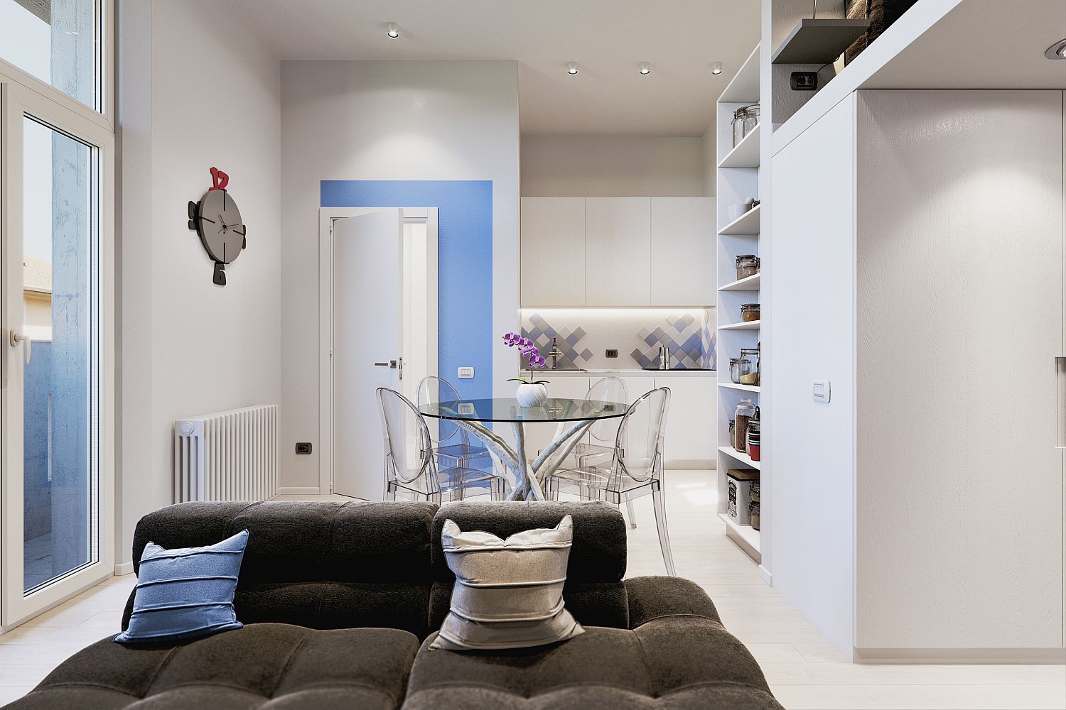 Just a dash of blue with accent wall feature and throw pillow adds color to the tiny interior