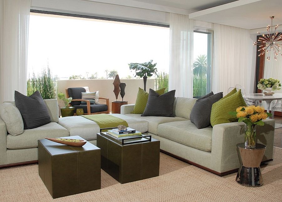 living room with different shades of green throughout