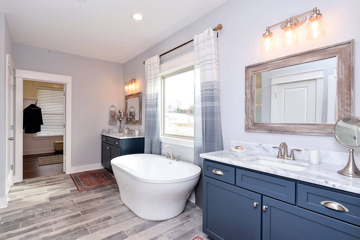 Master Bathroom In Gray With Wooden Floor And A Bright Blue Vanity 11327 