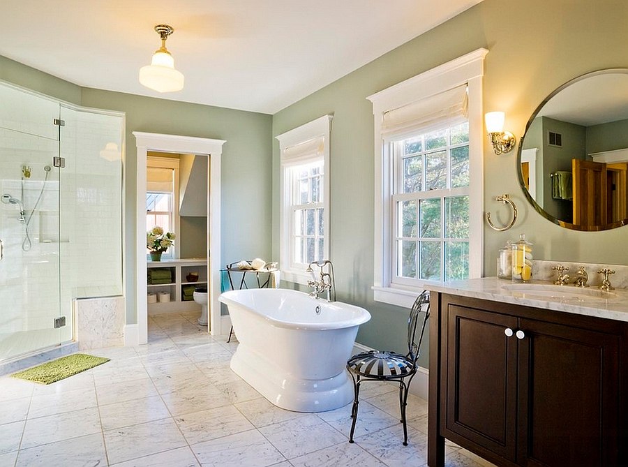 Master bathroom in green and white feels both spacious and stylish