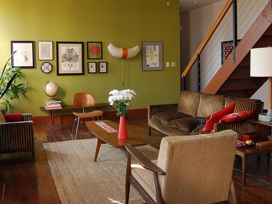 Mid-century modern living room with olive green accent wall