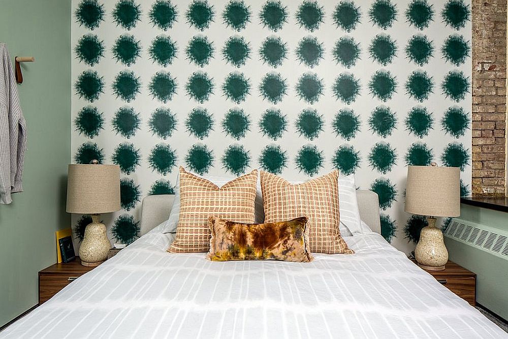 Modern eclectic small bedroom of NoHo Apartment in New York City with a fabulous headboard wall